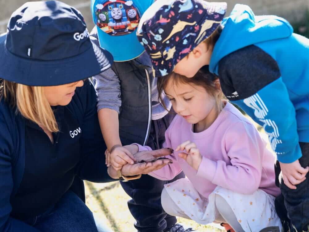 teacher is showing plants' seed to kid